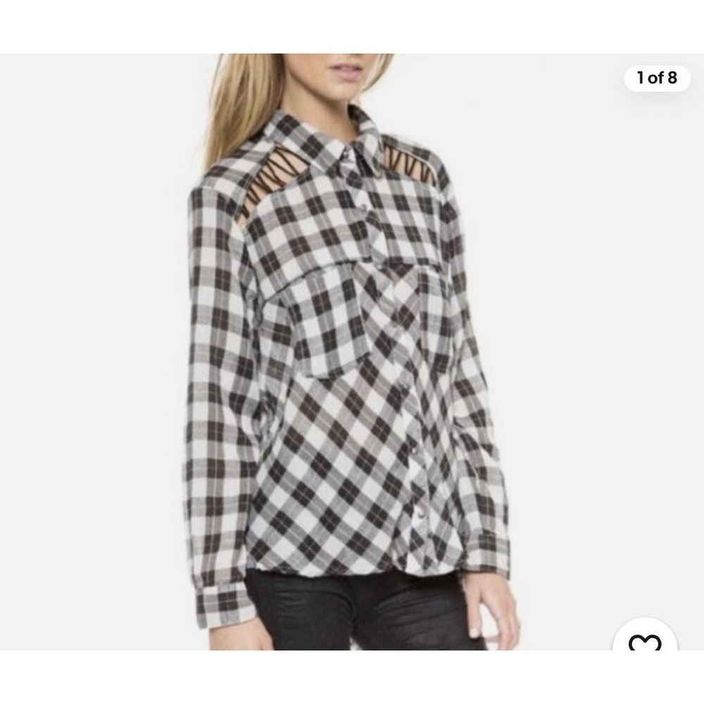 Free People Keep Me Plaid Cutout Crochet Button Down Shirt S Black EUC